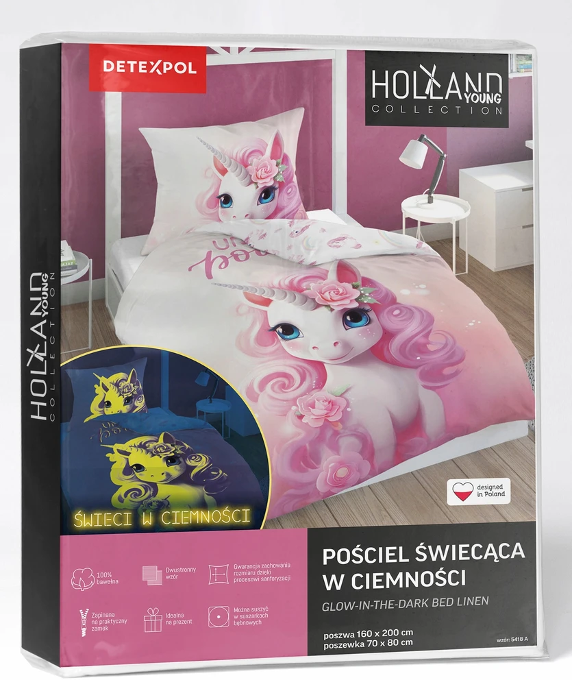 Detexpol Vaikiškos patalynės komplektas "vienaragis Magic" 140x200, šviečiantis tamsoje