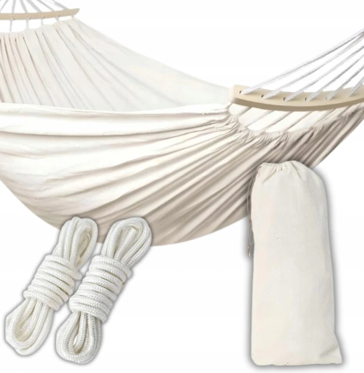 Didelis dvivietis hamakas 200x150cm, mediniai skersiniai, patogus komplektas