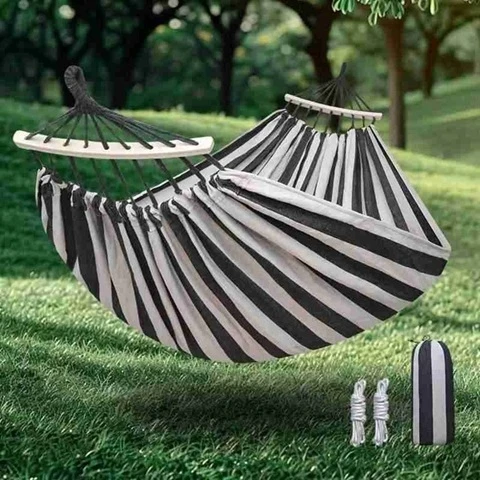 Didelis dvivietis hamakas 280x150 cm su mediniu skersiniu ir dėklu