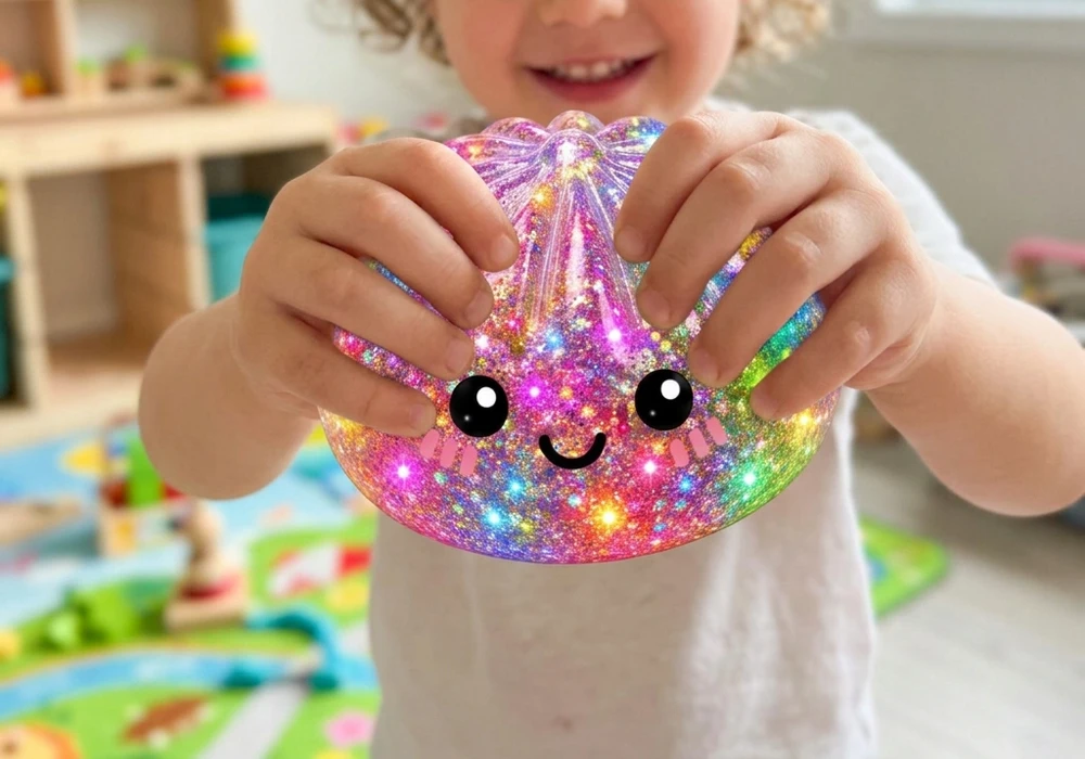 Didelis Gniotek kukulis XXL ANTISTRESS SQUISHY Glitter GLOWING LED 160g