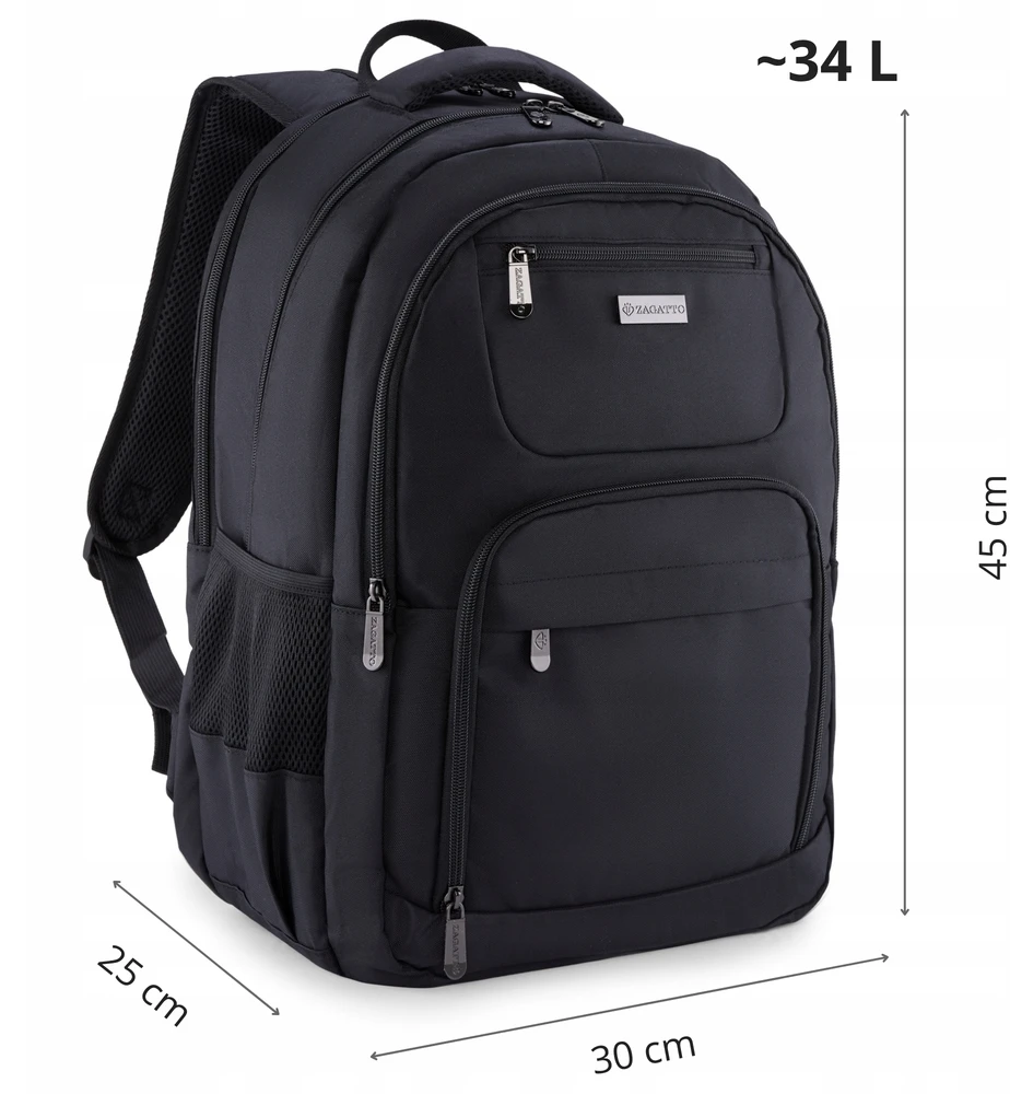 Didelis juodas plecak ZAGATTO su vieta laptopui 17", universalus moterims ir vyrams