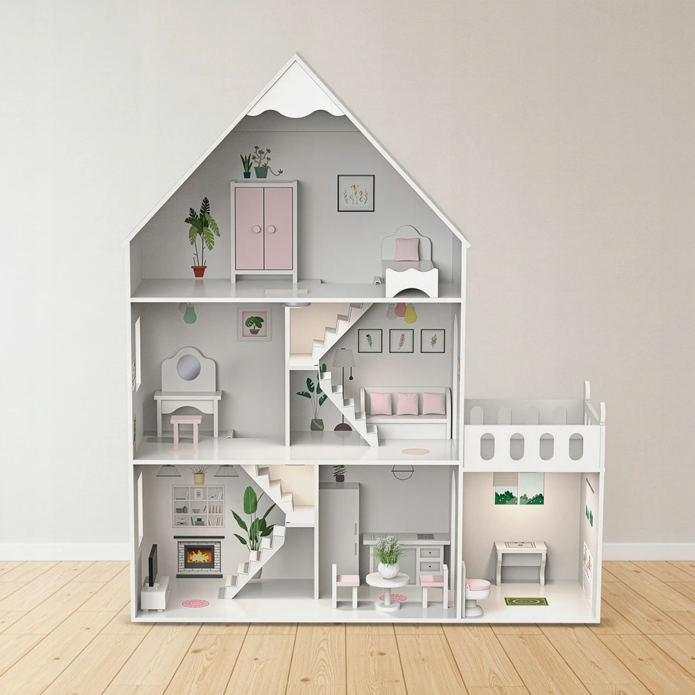 DIDELIS MEDINIS LĖLIŲ NAMAS KINDERPLAY LED VILLA XXL 118cm BALDŲ GARAŽAS