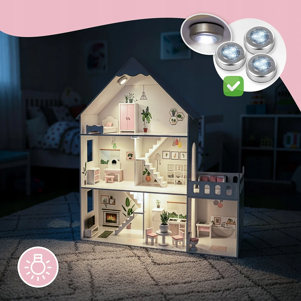 DIDELIS MEDINIS LĖLIŲ NAMAS KINDERPLAY LED VILLA XXL 118cm BALDŲ GARAŽAS