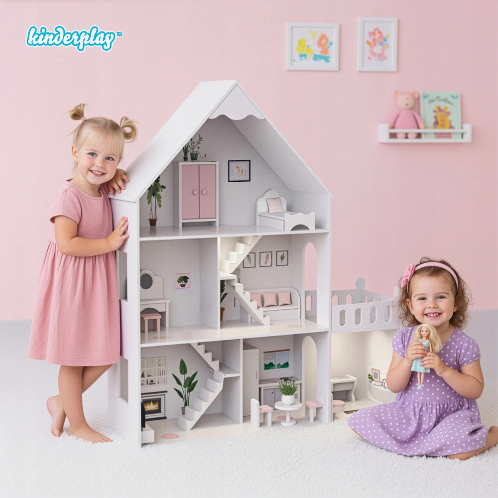 DIDELIS MEDINIS LĖLIŲ NAMAS KINDERPLAY LED VILLA XXL 118cm BALDŲ GARAŽAS