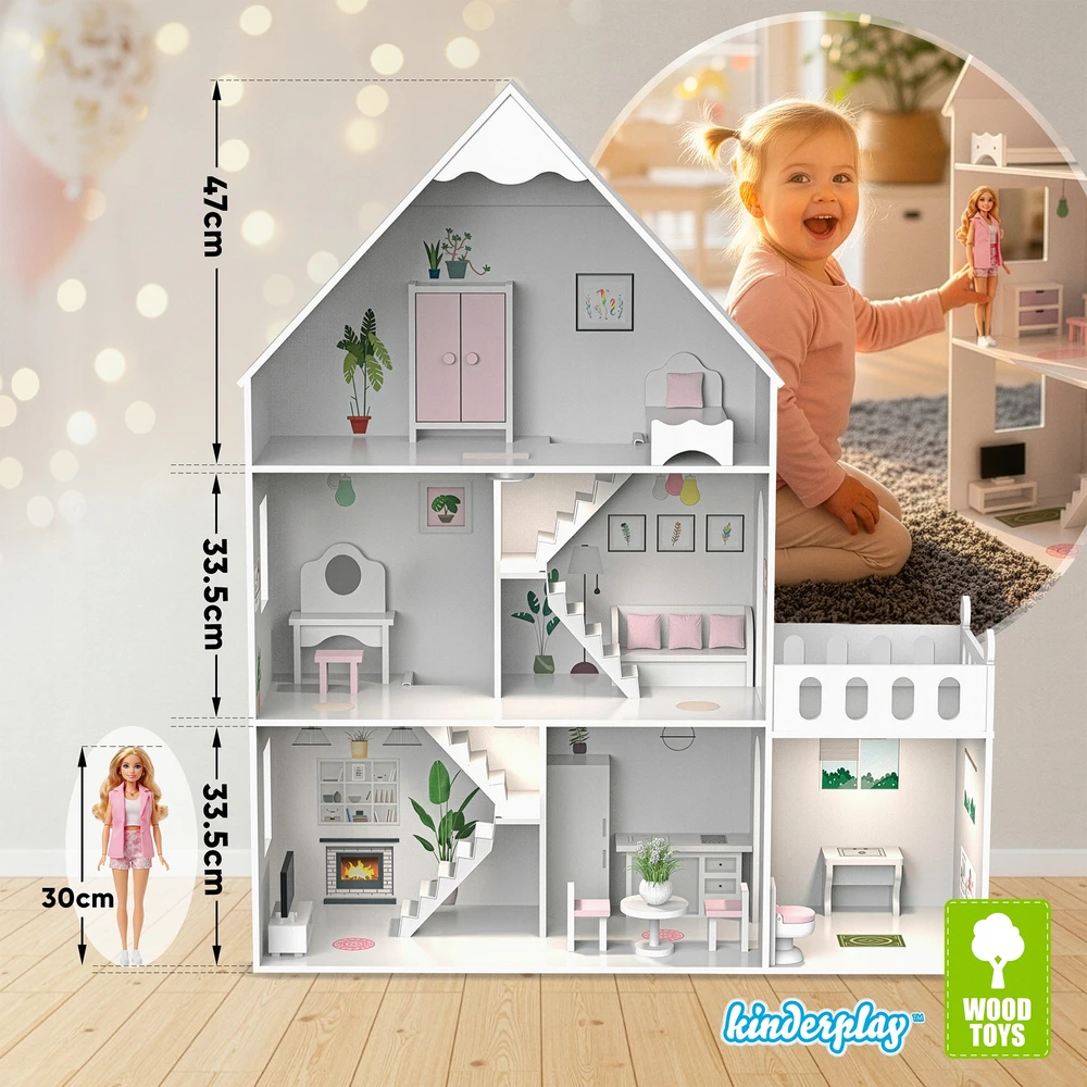 DIDELIS MEDINIS LĖLIŲ NAMAS KINDERPLAY LED VILLA XXL 118cm BALDŲ GARAŽAS