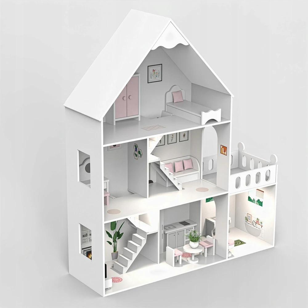 DIDELIS MEDINIS LĖLIŲ NAMAS KINDERPLAY LED VILLA XXL 118cm BALDŲ GARAŽAS