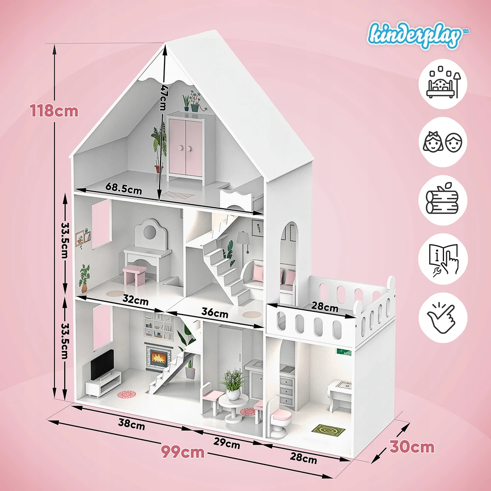 DIDELIS MEDINIS LĖLIŲ NAMAS KINDERPLAY LED VILLA XXL 118cm BALDŲ GARAŽAS