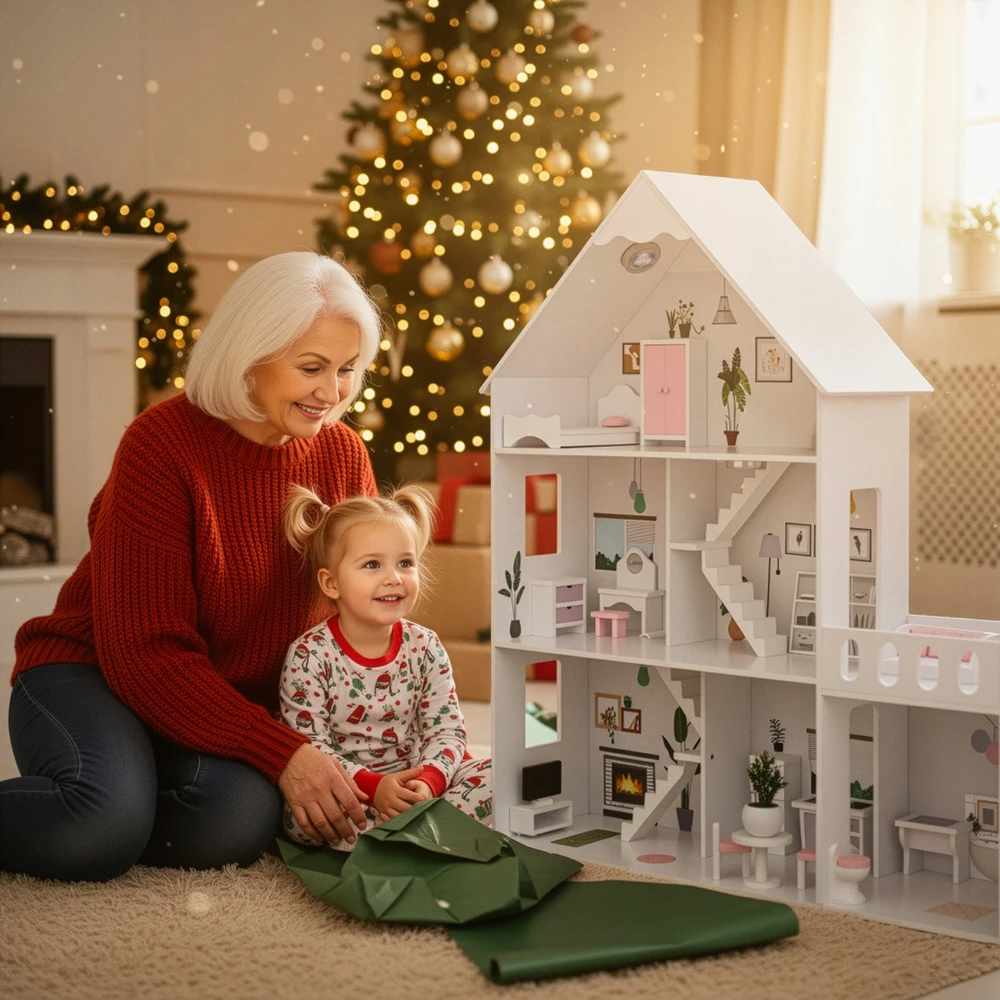 DIDELIS MEDINIS LĖLIŲ NAMAS KINDERPLAY LED VILLA XXL 118cm BALDŲ GARAŽAS