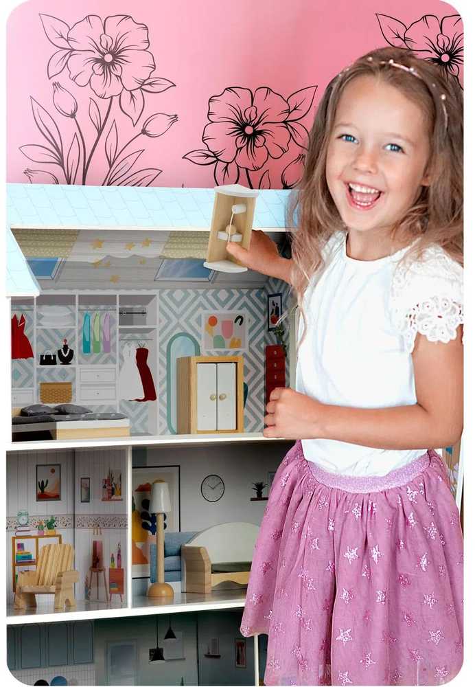 Didelis medinis lėlių namelis, 3 aukštų, Ricokids RK-878