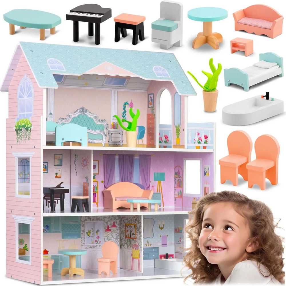 Didelis medinis lėlių namelis, 3 aukštų, Ricokids RK-878