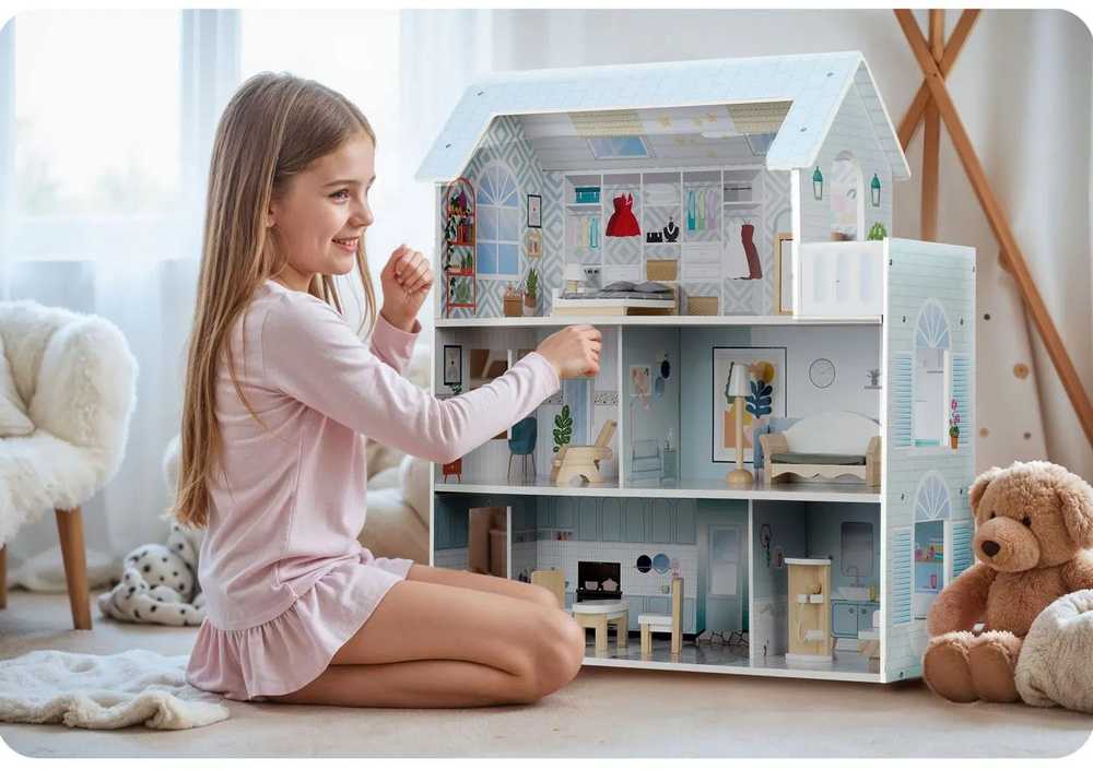 Didelis medinis lėlių namelis, 3 aukštų, Ricokids RK-878