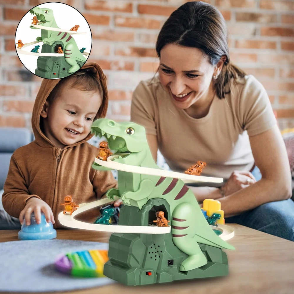 Dinozaurų laipiojimo laiptais žaislų lenktynių trasa su T-Rex čiuožykla