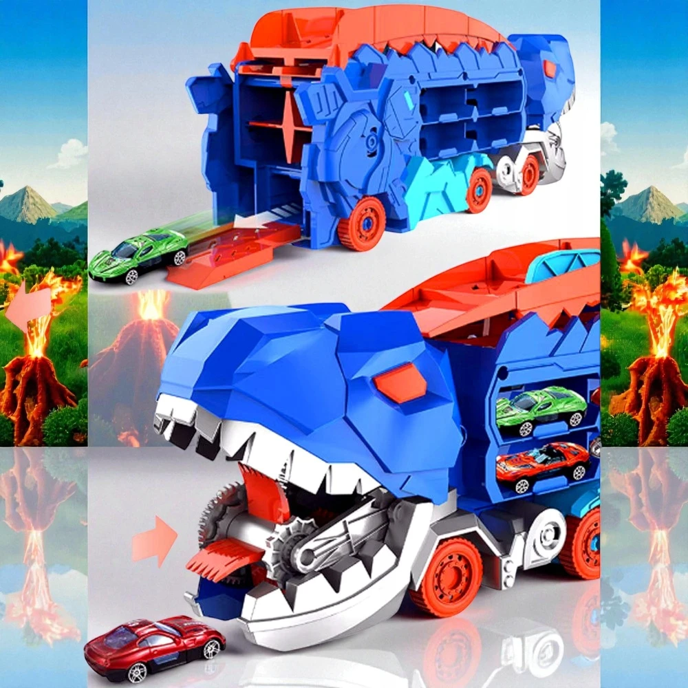 DINOZAURŲ TRANSPORTERIŲ LENKTYNŲ TRAKAS + METALINĖS Spyruoklės 3IN1 MEGA T-REX AUTOMOBILIAI