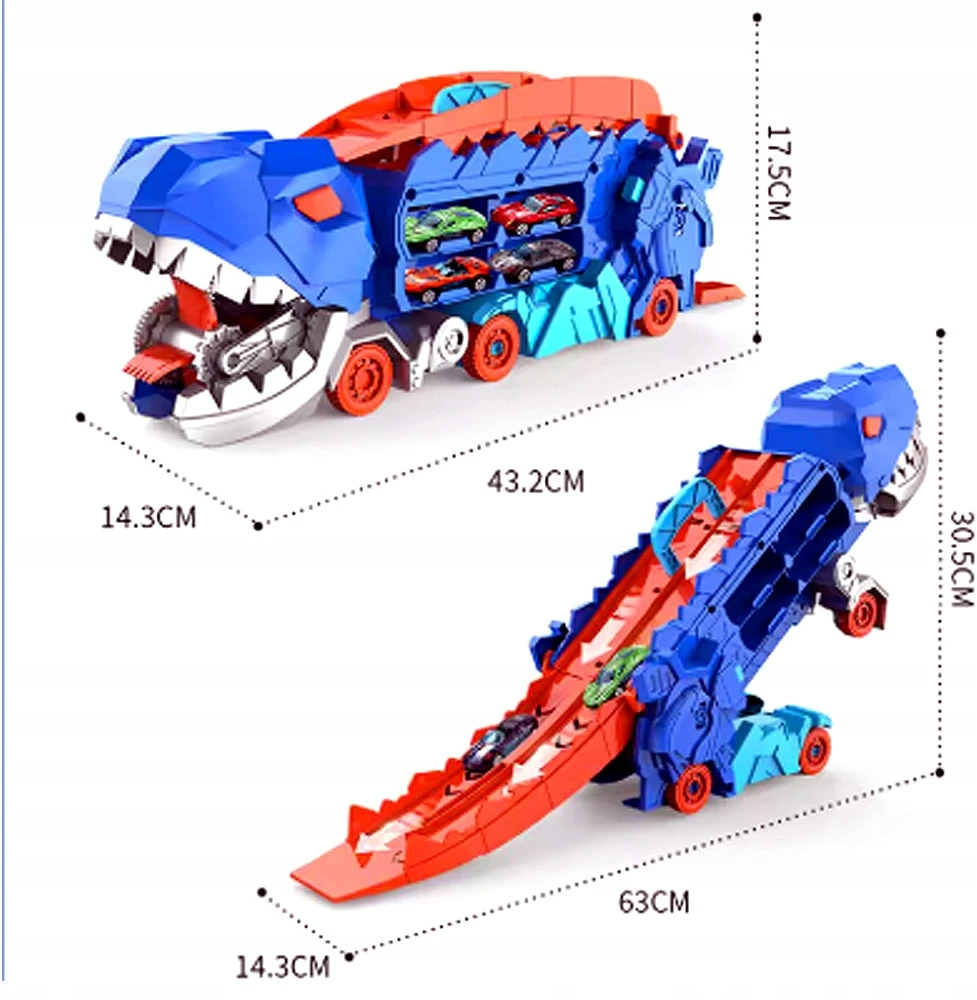 DINOZAURŲ TRANSPORTERIŲ LENKTYNŲ TRAKAS + METALINĖS Spyruoklės 3IN1 MEGA T-REX AUTOMOBILIAI