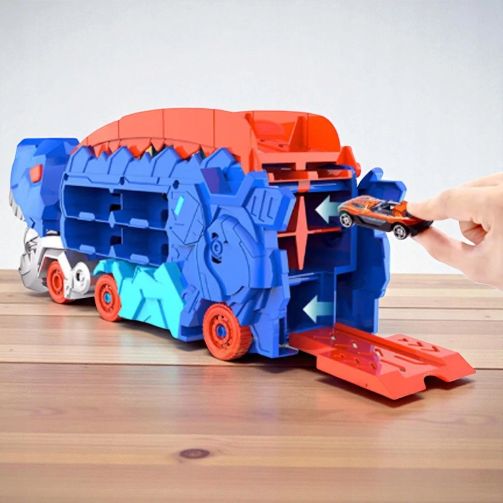 DINOZAURŲ TRANSPORTERIŲ LENKTYNŲ TRAKAS + METALINĖS Spyruoklės 3IN1 MEGA T-REX AUTOMOBILIAI