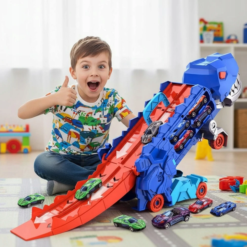 DINOZAURŲ TRANSPORTERIŲ LENKTYNŲ TRAKAS + METALINĖS Spyruoklės 3IN1 MEGA T-REX AUTOMOBILIAI