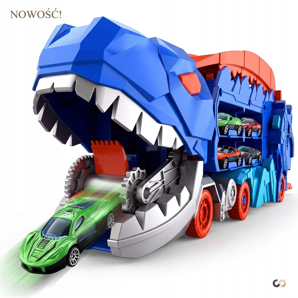 DINOZAURŲ TRANSPORTERIŲ LENKTYNŲ TRAKAS + METALINĖS Spyruoklės 3IN1 MEGA T-REX AUTOMOBILIAI