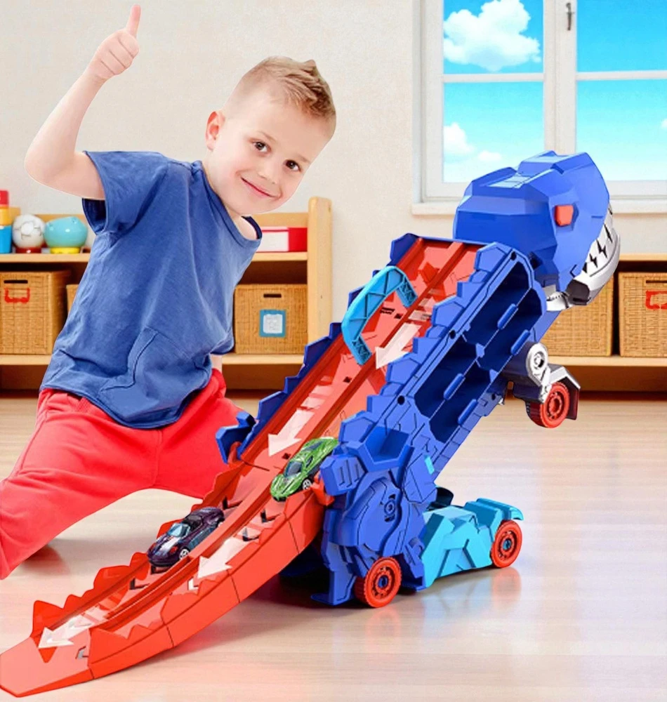 DINOZAURŲ TRANSPORTERIŲ LENKTYNŲ TRAKAS + METALINĖS Spyruoklės 3IN1 MEGA T-REX AUTOMOBILIAI