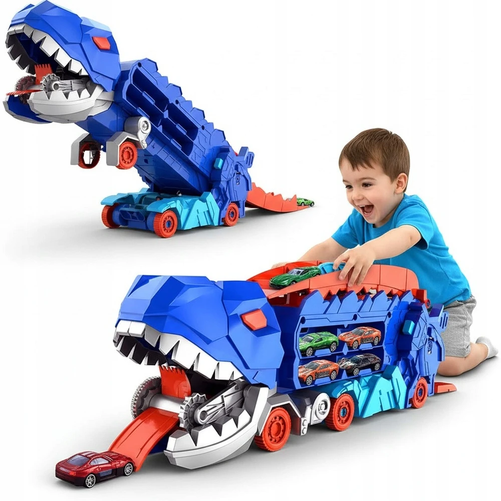 DINOZAURŲ TRANSPORTERIŲ LENKTYNŲ TRAKAS + METALINĖS Spyruoklės 3IN1 MEGA T-REX AUTOMOBILIAI