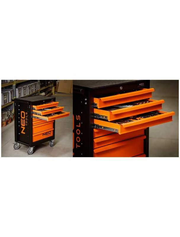 Dirbtuvių spintelė NEO TOOLS 84-222-9 su 7 stalčiais ir 129 įrankiais (matmenys: 680 x 460 x 1030 mm)