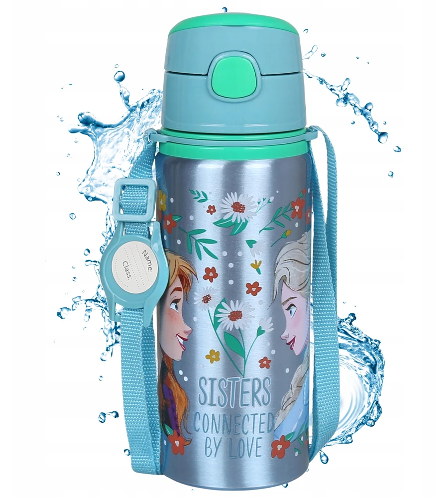 Disney Ledynmetis Anna Elsa Aliuminio TERMINIS BUTELIS, su kandikliu, VANDENS BIDONAS su dirželiu per petį, mergaitėms 600ml
