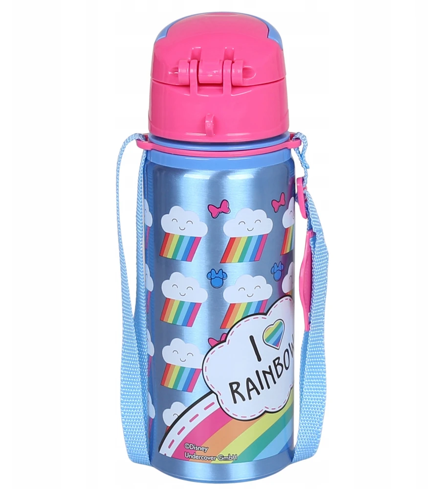 DISNEY Minnie Mouse aliuminio TERMINALINIS BUTELIS, su kandikliu, VANDENS BUTELIS su dirželiu per petį, mergaitėms 600 ml