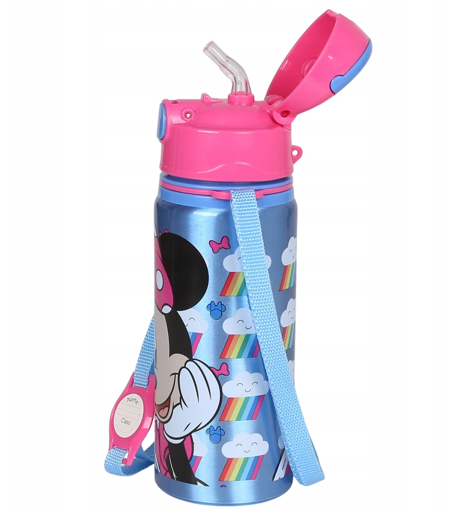 DISNEY Minnie Mouse aliuminio TERMINALINIS BUTELIS, su kandikliu, VANDENS BUTELIS su dirželiu per petį, mergaitėms 600 ml
