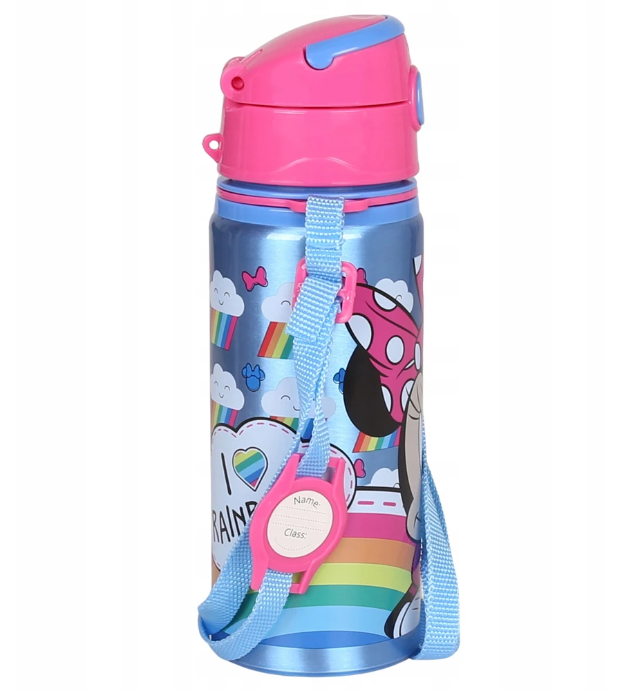 DISNEY Minnie Mouse aliuminio TERMINALINIS BUTELIS, su kandikliu, VANDENS BUTELIS su dirželiu per petį, mergaitėms 600 ml
