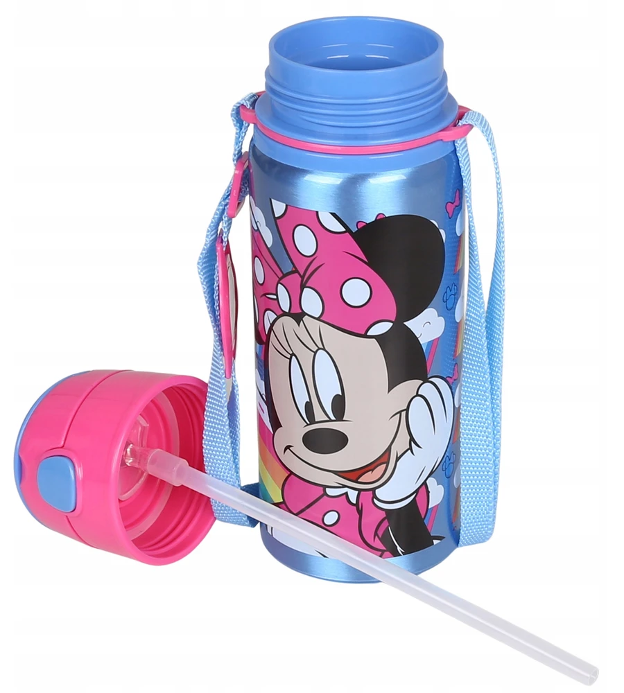DISNEY Minnie Mouse aliuminio TERMINALINIS BUTELIS, su kandikliu, VANDENS BUTELIS su dirželiu per petį, mergaitėms 600 ml