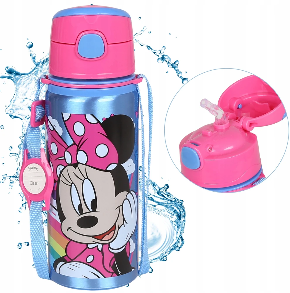 DISNEY Minnie Mouse aliuminio TERMINALINIS BUTELIS, su kandikliu, VANDENS BUTELIS su dirželiu per petį, mergaitėms 600 ml