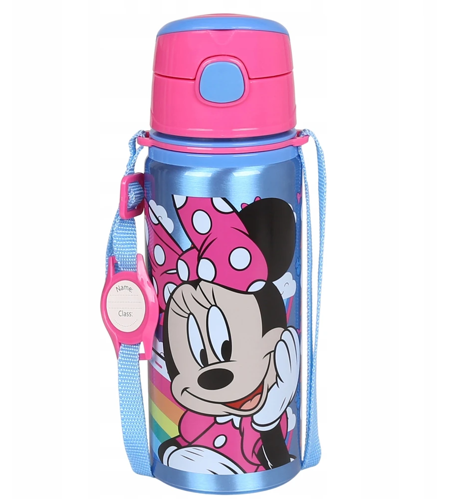 DISNEY Minnie Mouse aliuminio TERMINALINIS BUTELIS, su kandikliu, VANDENS BUTELIS su dirželiu per petį, mergaitėms 600 ml