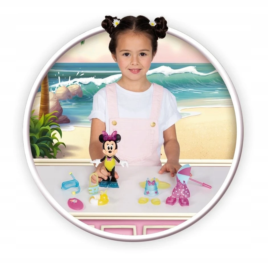 DISNEY MINNIE MOUSE MINI BEACH DOLL SPINTOS AKC APRANGA. 13 ELEMENTŲ RINKINYS