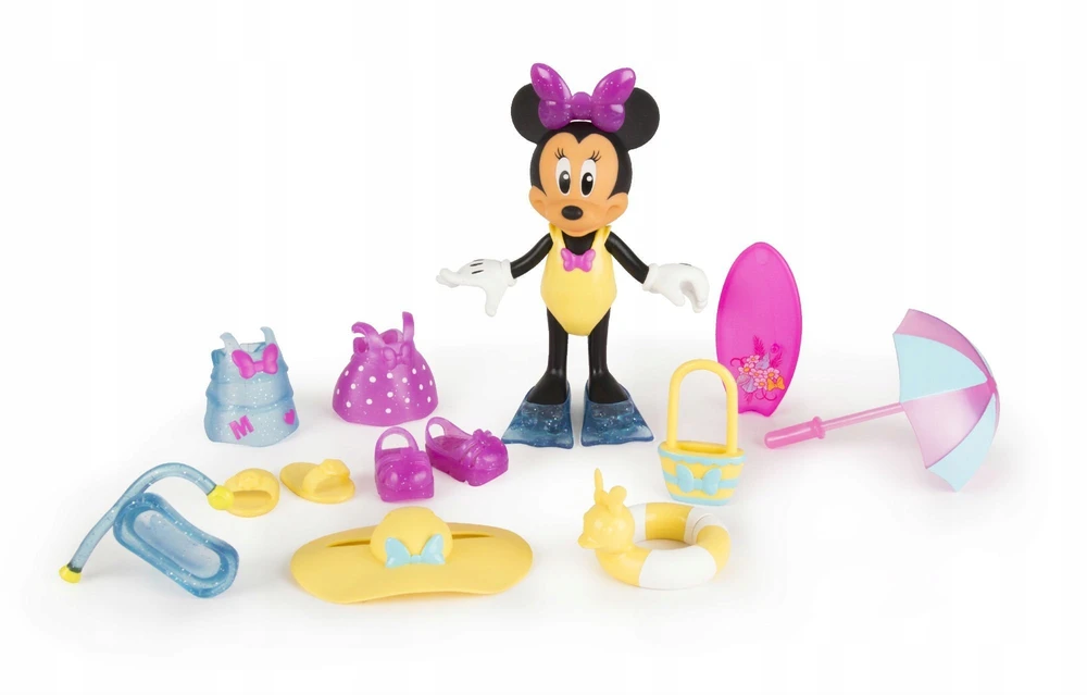 DISNEY MINNIE MOUSE MINI BEACH DOLL SPINTOS AKC APRANGA. 13 ELEMENTŲ RINKINYS