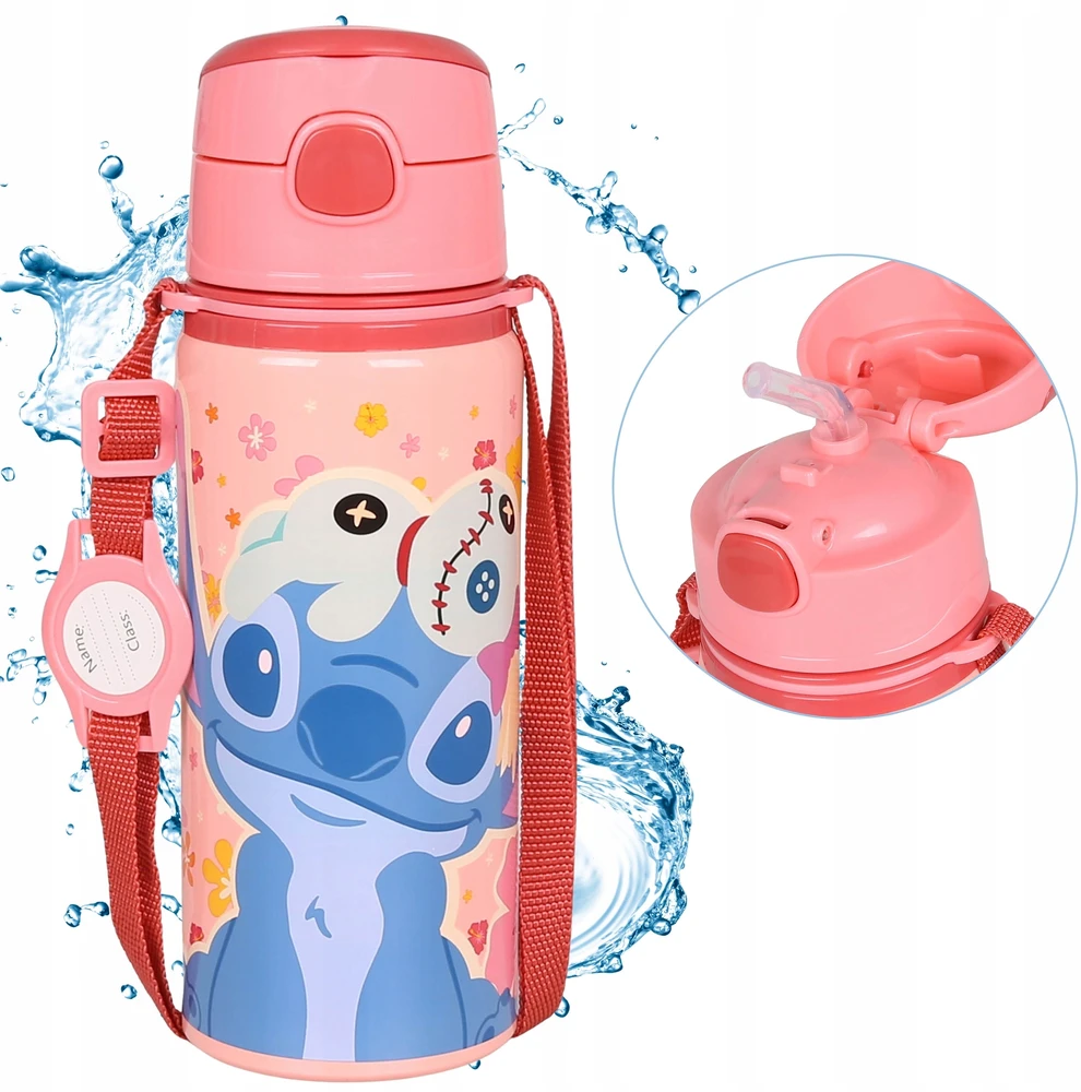 DISNEY Stitch aliuminio TERMINALINIS BUTELIS, gertuvė, VANDENS BUTELIS su dirželiu per petį, mergaitėms 600 ml