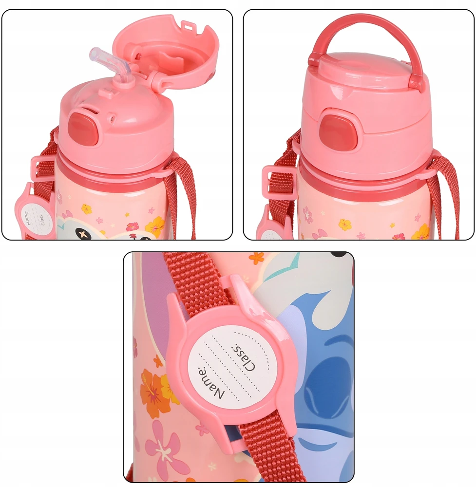 DISNEY Stitch aliuminio TERMINALINIS BUTELIS, gertuvė, VANDENS BUTELIS su dirželiu per petį, mergaitėms 600 ml