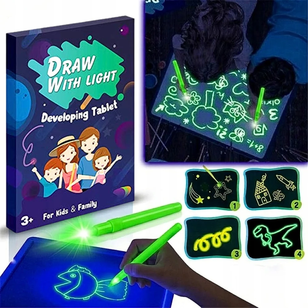 DK „Magic Board“ DAŽYMAS ŠVIESOS trafaretais A4 LED rašiklis