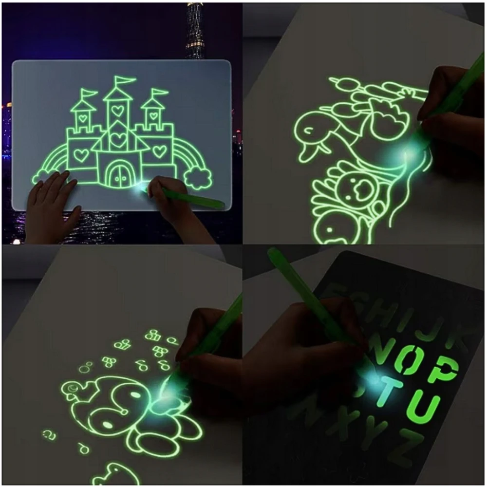 DK „Magic Board“ DAŽYMAS ŠVIESOS trafaretais A4 LED rašiklis