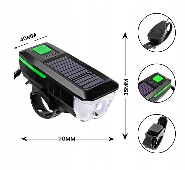 DMR LAMPKA ROWEROWA SOLARNA LED USB KLAKSON DZWONEK