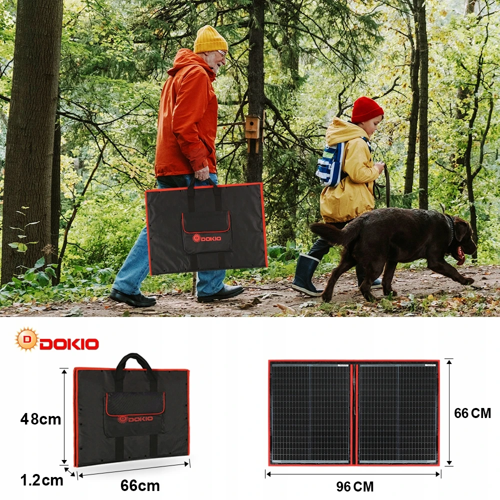 DOKIO fotovoltinis skydelis 110 W sulankstomas nešiojamas 18 V kemperiui, įkraunamas 12 V baterijos