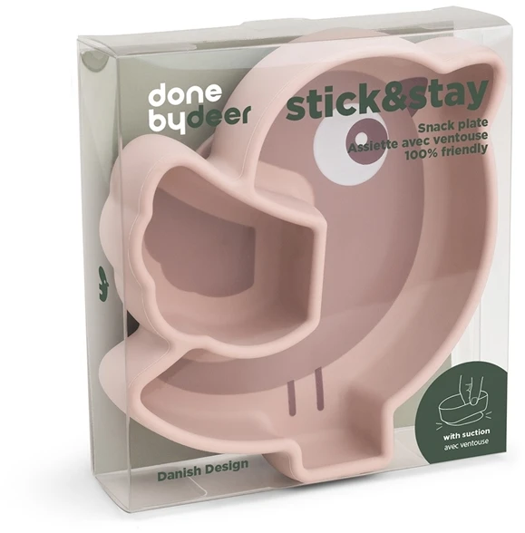 Done by Deer prilimpanti silikoninė užkandžių lėkštutė su skyriais Stick & Stay Birdee, rausva