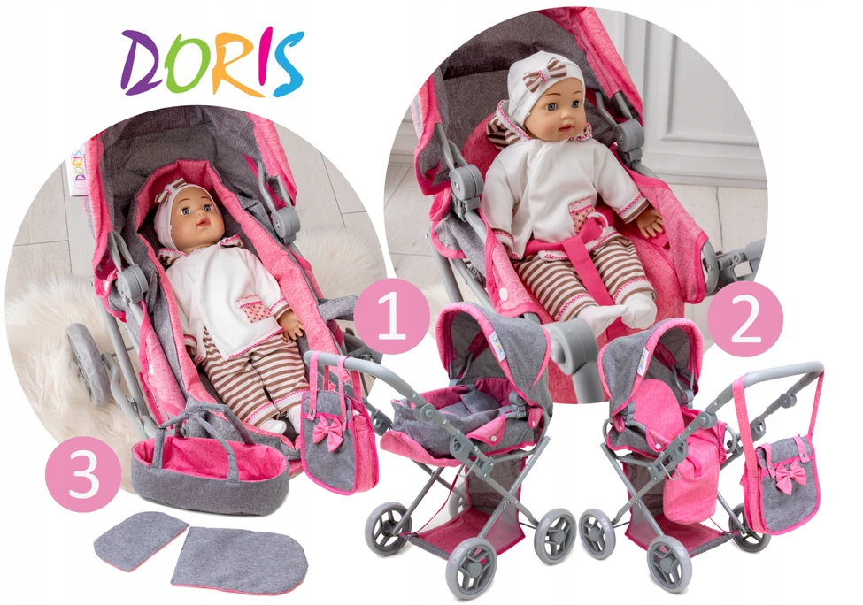 Doris 3 viename lėlių vežimėlis, gilus vežimėlis, vežimėlis, KREPŠELIS, RANKINĖ, persirengimo stalas