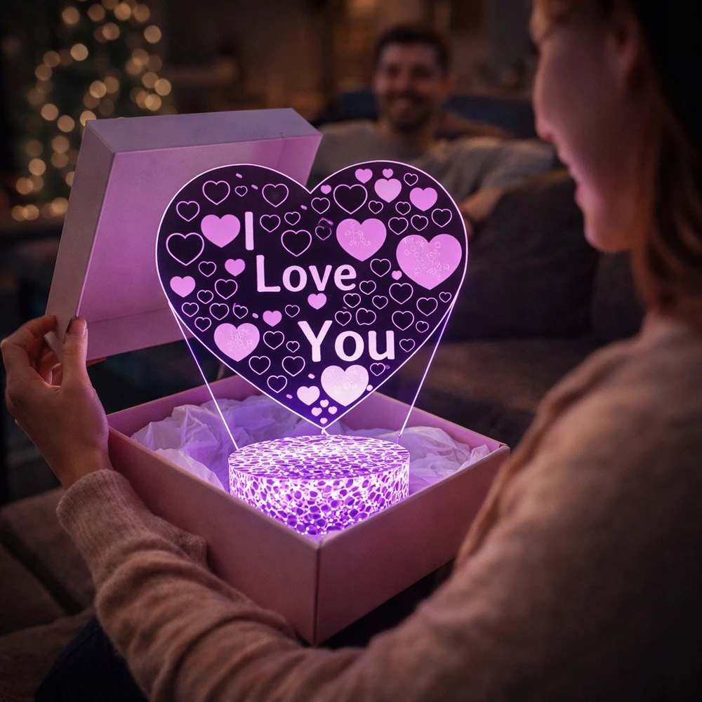 Doup Naktinė lempa LED 3D SERCE PREZENT NASTROJOWE STYLOWE OŚWIETLENIE SYPIALNI