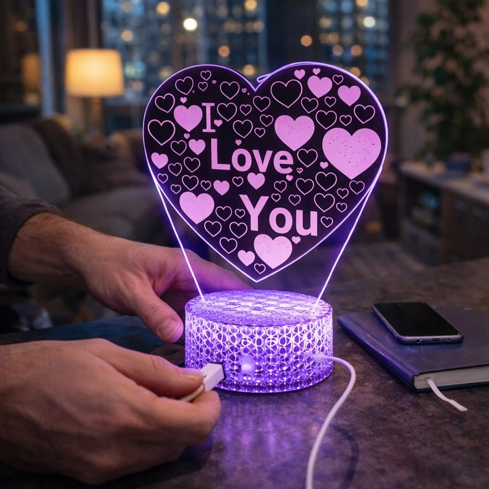 Doup Naktinė lempa LED 3D SERCE PREZENT NASTROJOWE STYLOWE OŚWIETLENIE SYPIALNI