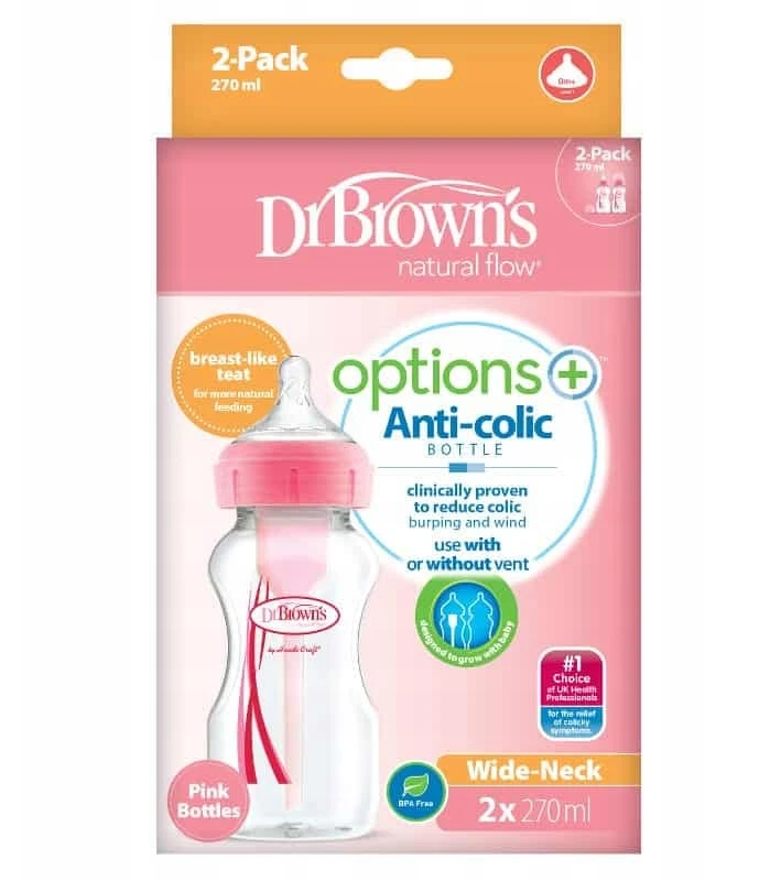 Dr Brown's BROWN'S OPTIONS+ 2 PAKUOTĖS ANTICOLIKO BUTELĖLIS 270 ml 0M+ ROŽINĖ