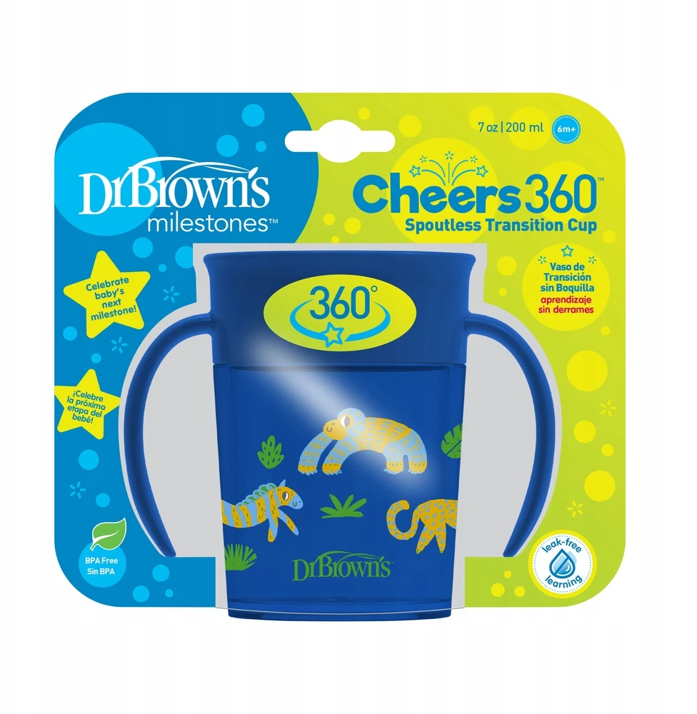 DR. BROWN'S 360 Tumbleris puodelis be snapelio mėlynas su rankenomis 200ml