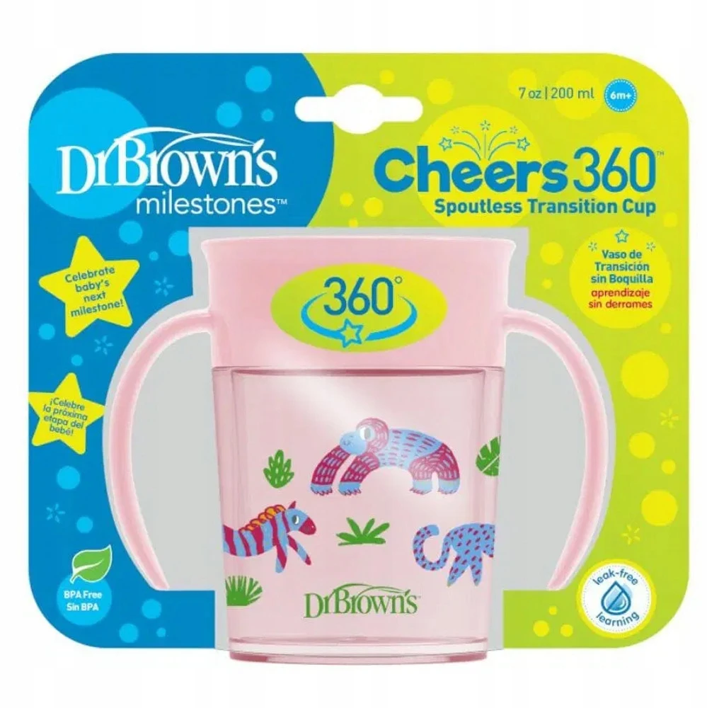 DR. BROWN'S 360 Tumbleris puodelis be snapelio rožinis su rankenomis 200ml