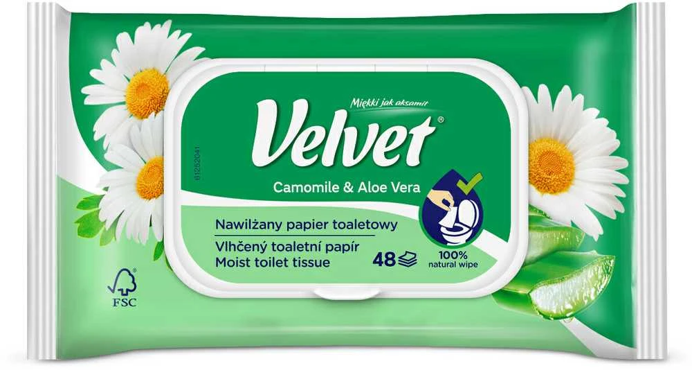 Velvet Drėkintas tualetinis popierius „Rumianek“ ir alavijo aksomas