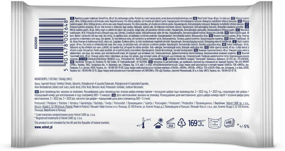 Drėgnas tualetinis popierius Pure Velvet 48vnt.