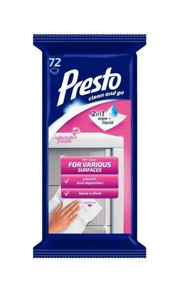 Drėgnos servėtėlės mediniams paviršiams Presto Clean and Go 72 vnt.