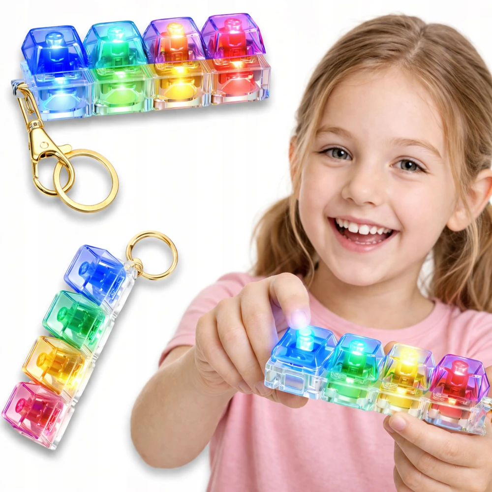 Drobiazgarnia Antistresinis Clicker Keychain Fidget 4 jungikliai Clicker LED apšvietimo klaviatūra